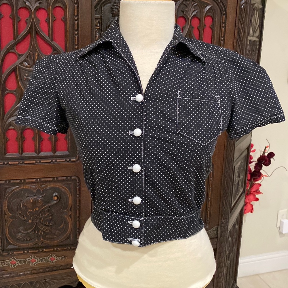 Freddies of Pinewood black polka dot pinup 40s vintage inspired top blouse 12 M